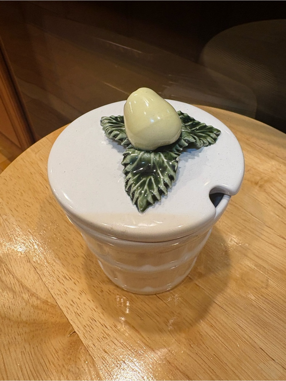 Andrea By Sadek Cream Ceramic Jar with Green Leaf and Pale Yellow Fruit